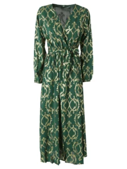 Solada Abito lungo da donna a maniche lunghe con stampe e scollo a V - verde