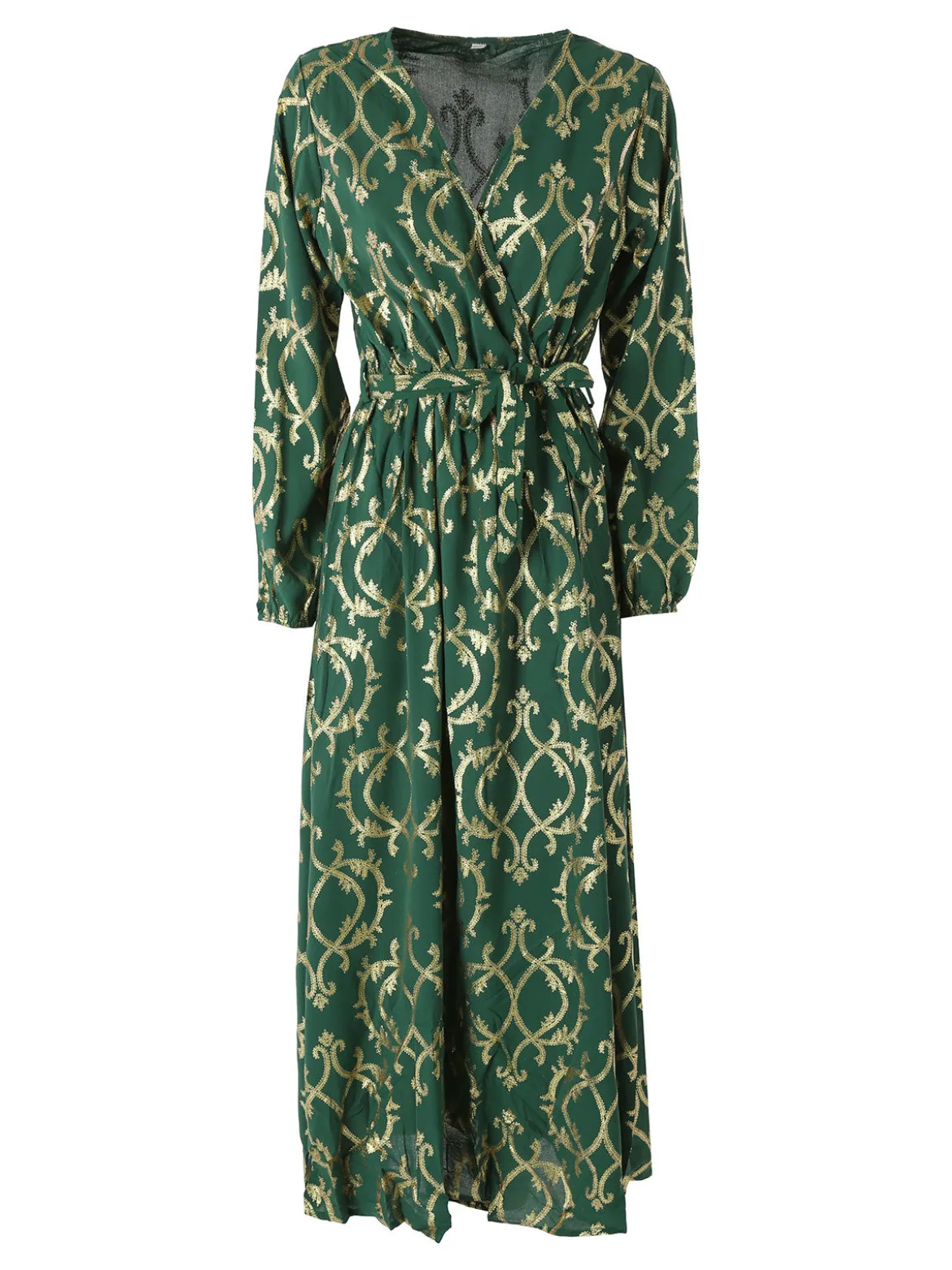 Solada Abito lungo da donna a maniche lunghe con stampe e scollo a V - verde