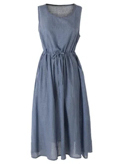 Solada Abito lungo da donna smanicato in misto cotone - blu