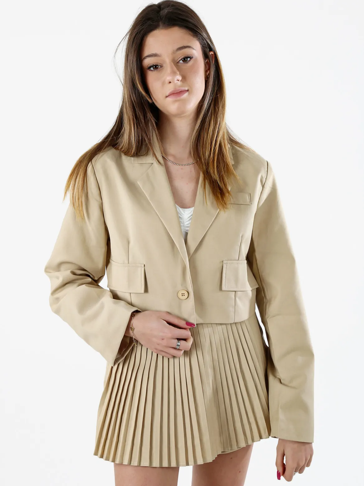 Solada Blazer cropped da donna con bottone e scollo a V - beige