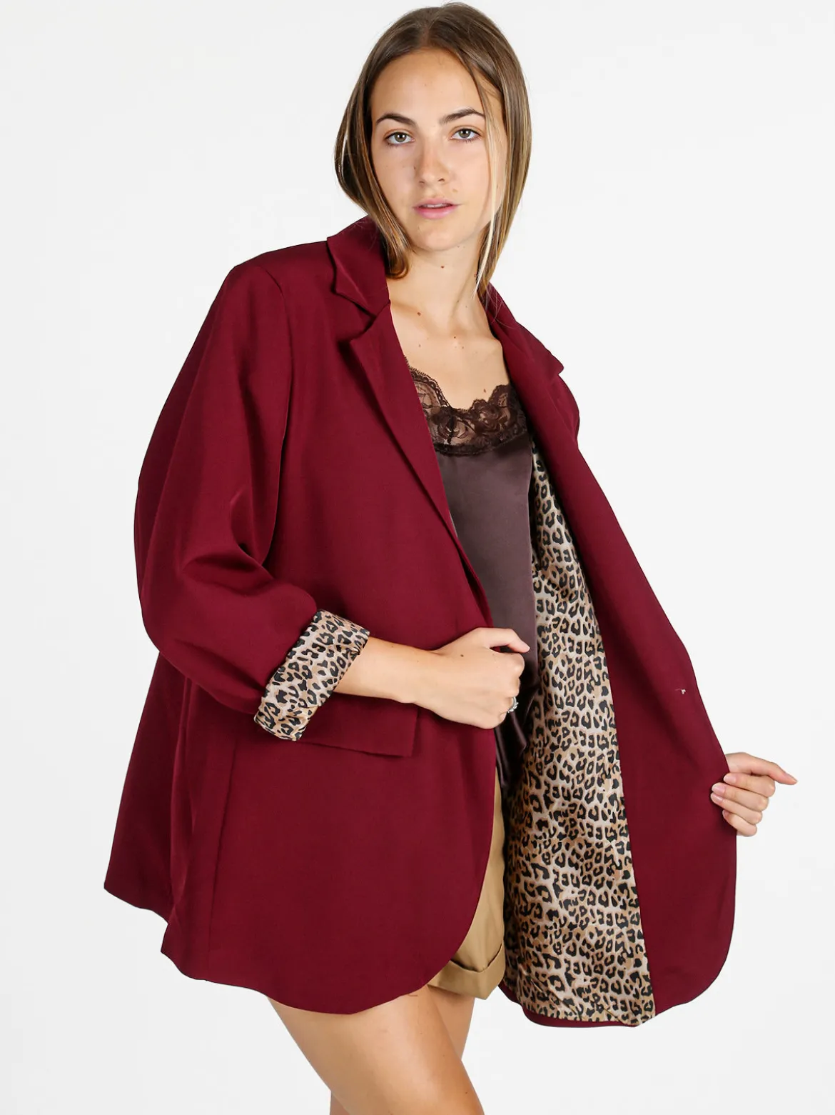 Solada Blazer donna oversize con interno animalier - bordeaux