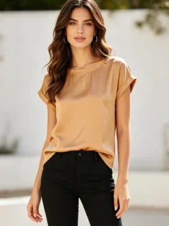 Solada Blusa da donna a maniche corte con parte davanti effetto raso - cammello