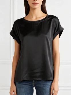 Solada Blusa da donna a maniche corte con parte davanti effetto raso - nero
