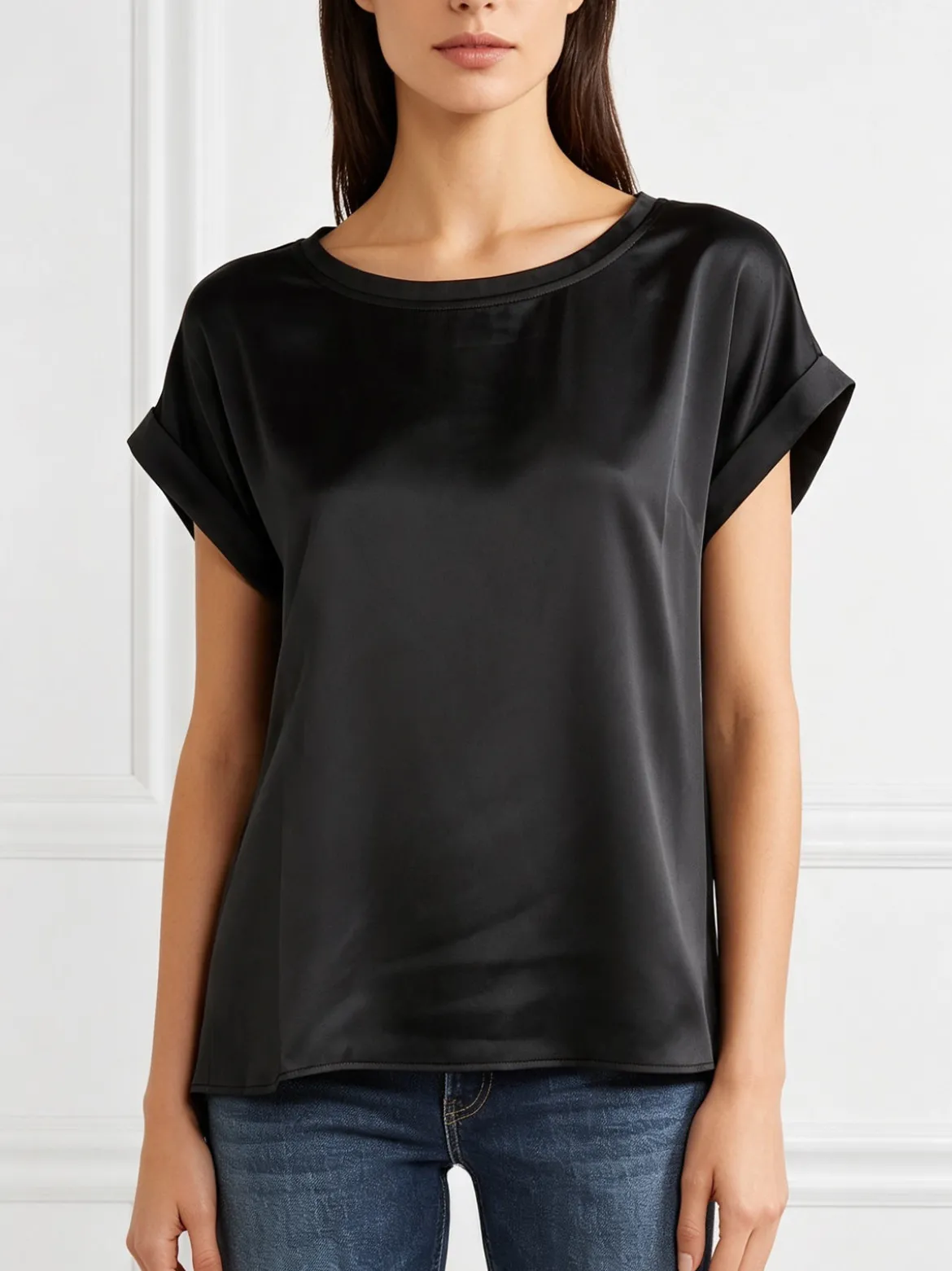 Solada Blusa da donna a maniche corte con parte davanti effetto raso - nero