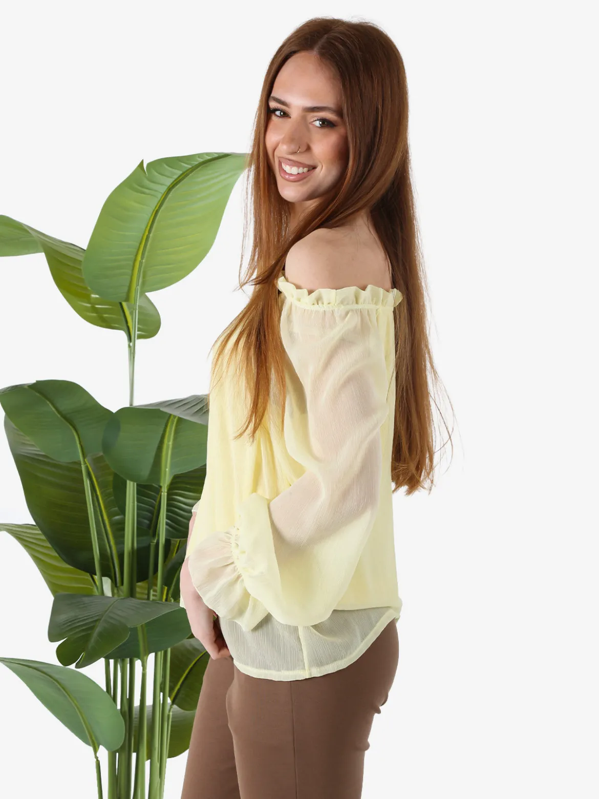 Solada Blusa da donna a maniche lunghe velate con scollo a barchetta - giallo