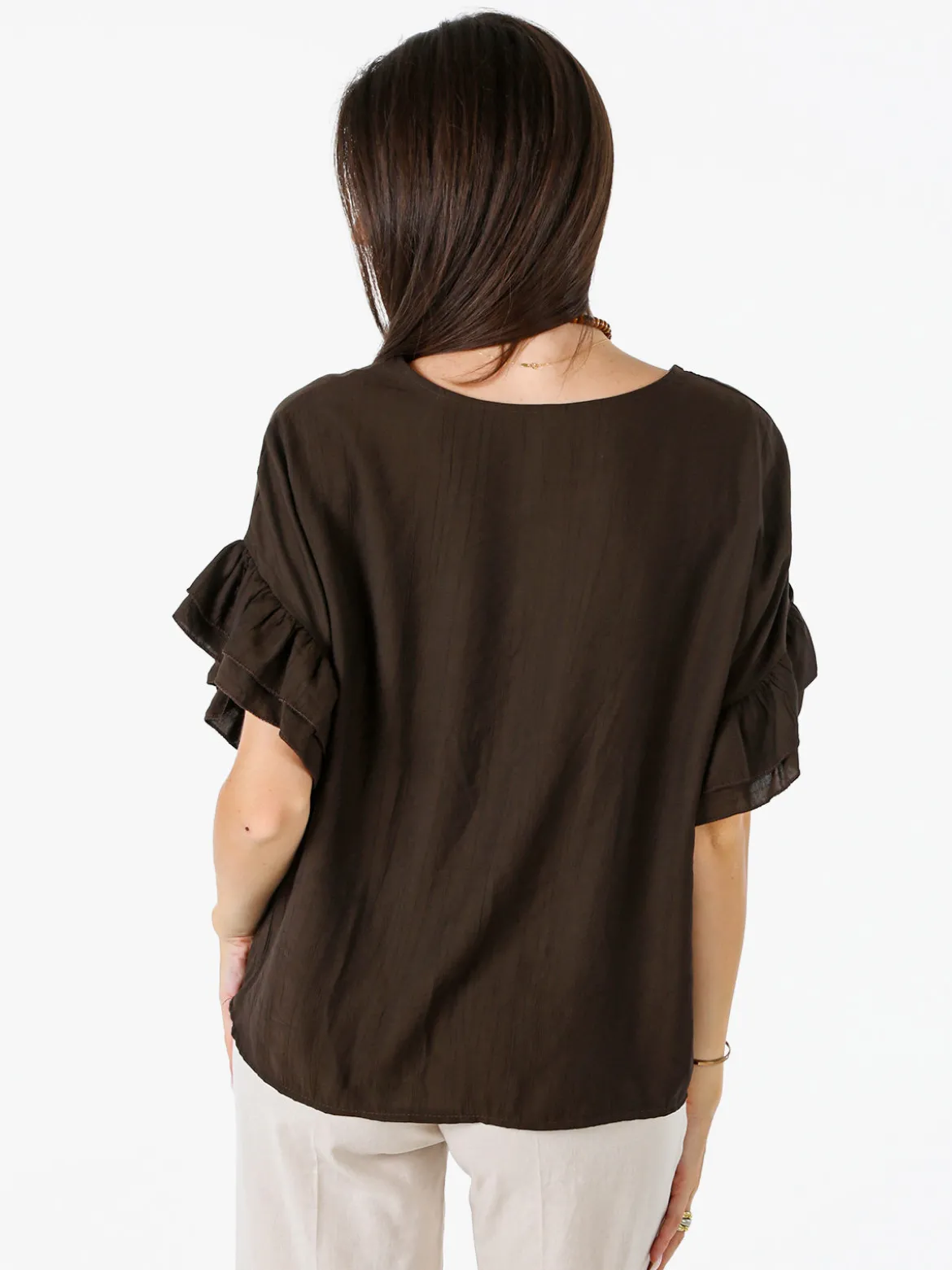 Solada Blusa da donna con maniche corte a volant - moro