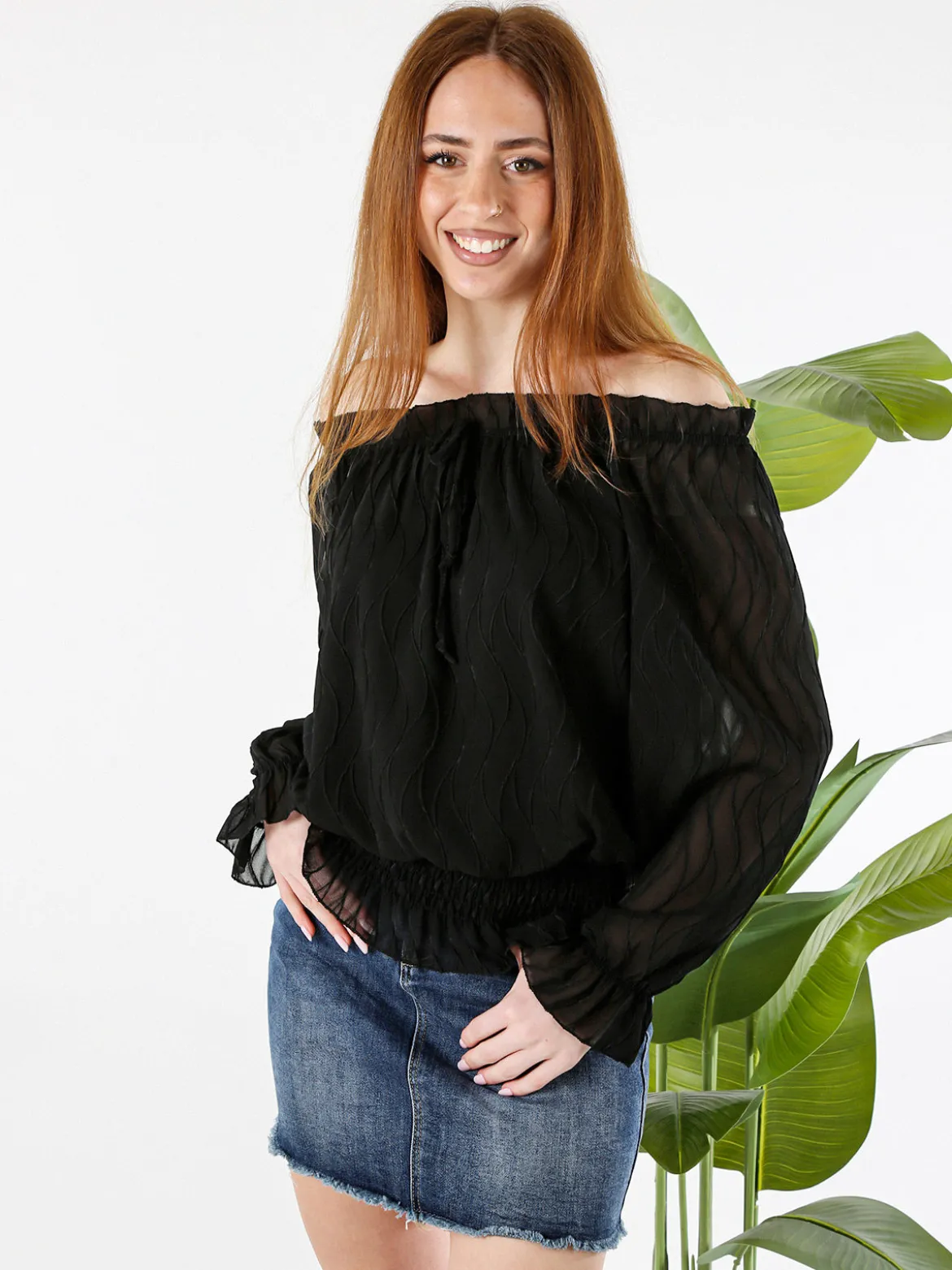 Solada Blusa donna a maniche lunghe con scollo a barchetta - nero