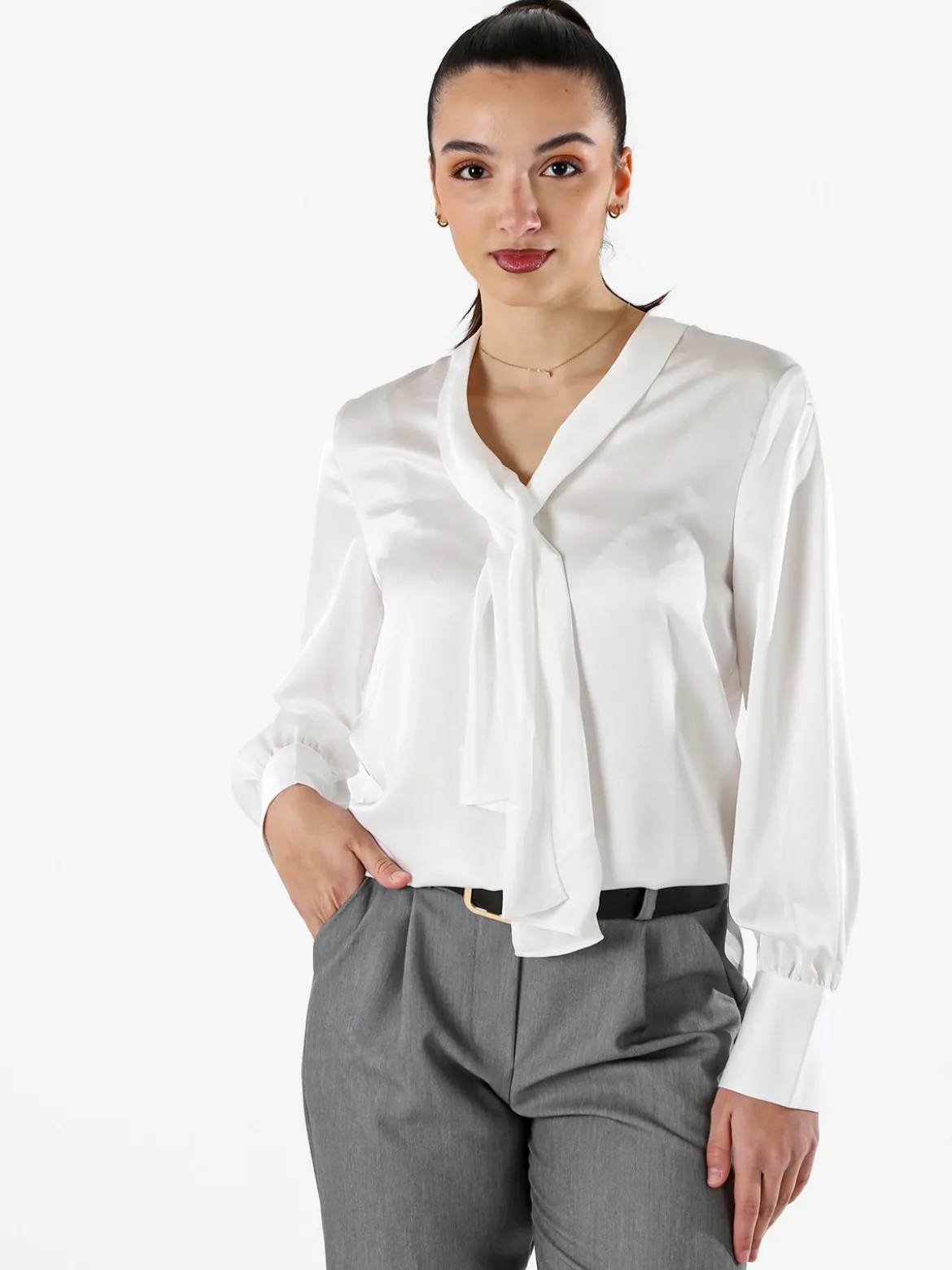 Solada Blusa donna a maniche lunghe in tessuto simil raso - bianco