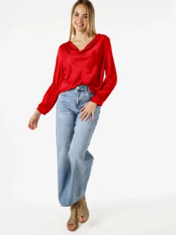 Solada Blusa donna a maniche lunghe in tessuto simil raso con scollo a cascata - rosso