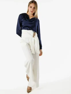Solada Blusa donna a maniche lunghe in tessuto simil raso con scollo a cascata - blu scuro