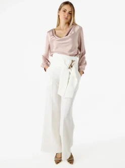 Solada Blusa donna a maniche lunghe in tessuto simil raso con scollo a cascata - beige