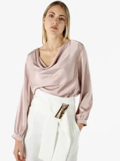 Solada Blusa donna a maniche lunghe in tessuto simil raso con scollo a cascata - beige