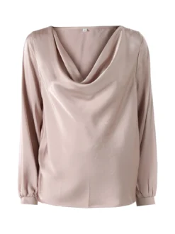 Solada Blusa donna a maniche lunghe in tessuto simil raso con scollo a cascata - beige