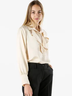 Solada Blusa donna con bottoni di perle e volant sullo scollo - beige