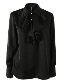 Solada Blusa donna con bottoni di perle e volant sullo scollo - nero