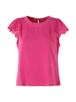 Solada Blusa donna con maniche corte in pizzo macramè - fucsia