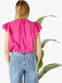 Solada Blusa donna con maniche corte in pizzo macramè - fucsia