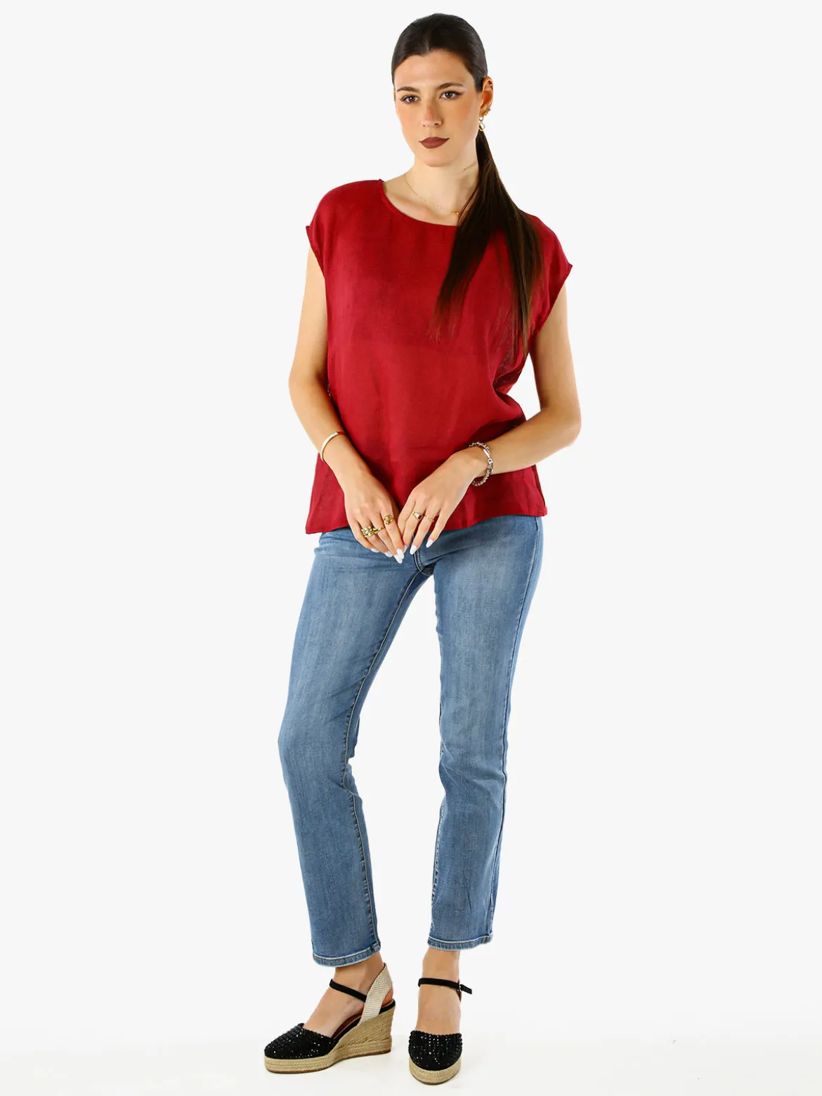 Solada Blusa donna in lino senza maniche - bordeaux