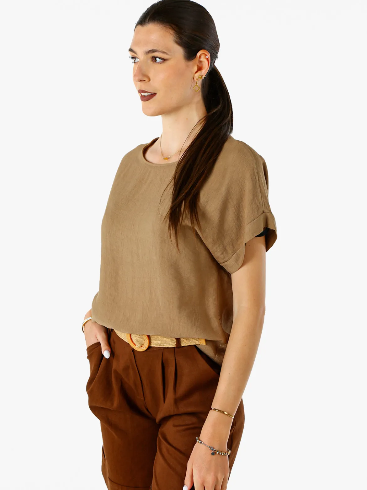 Solada Blusa donna in viscosa a maniche corte con bottoni decorati sul retro - khaki