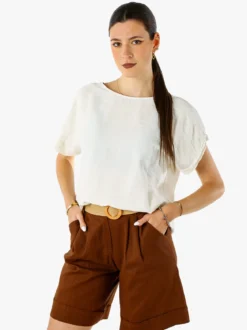Solada Blusa donna in viscosa a maniche corte con bottoni decorati sul retro - beige