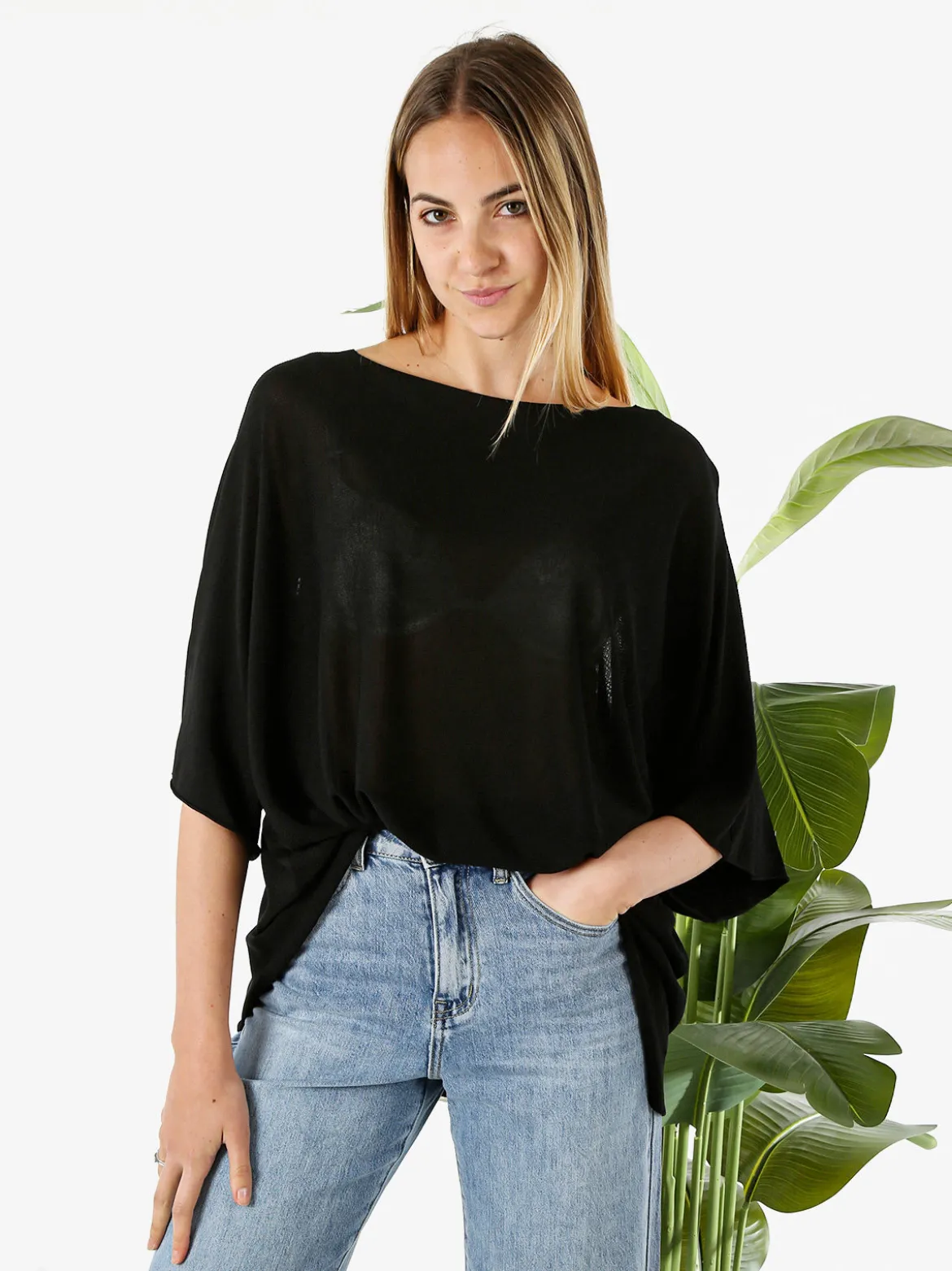 Solada Blusa donna in viscosa con maniche corte a pipistrello - nero
