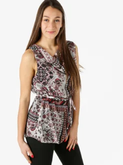 Solada Blusa donna smanicata con scollo a cascata e stampe - nero