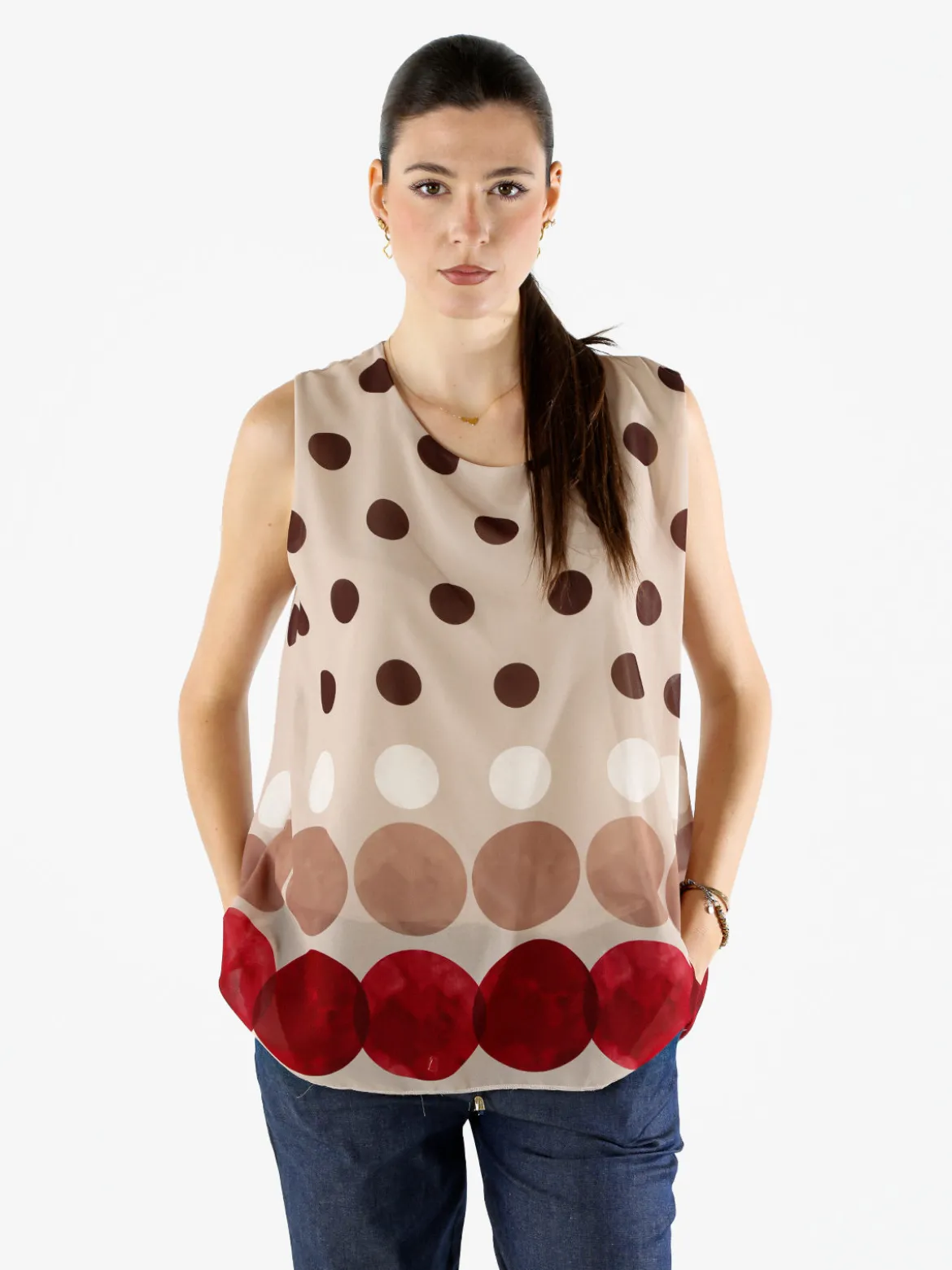 Solada Blusa donna smanicata con stampa a pois grossi - marrone