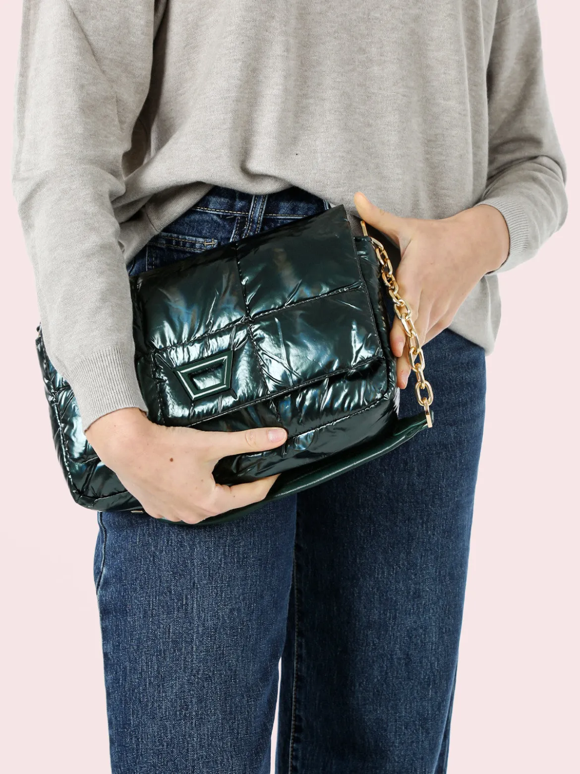Solada Borsa donna puffer trapuntata con manico a catena - verde