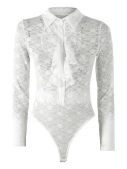 Solada Camicia body da donna in pizzo a maniche lunghe con rouches - bianco