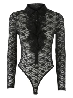 Solada Camicia body da donna in pizzo a maniche lunghe con rouches - nero