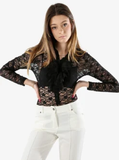 Solada Camicia body da donna in pizzo a maniche lunghe con rouches - nero