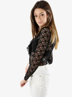 Solada Camicia body da donna in pizzo a maniche lunghe con rouches - nero