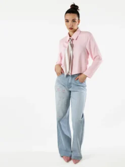 Solada Camicia crop da donna a maniche lunghe con cravattino a foulard - rosa