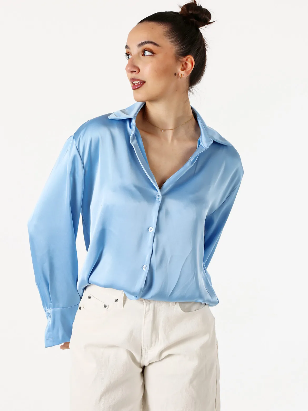 Solada Camicia da donna effetto raso a maniche lunghe - azzurro