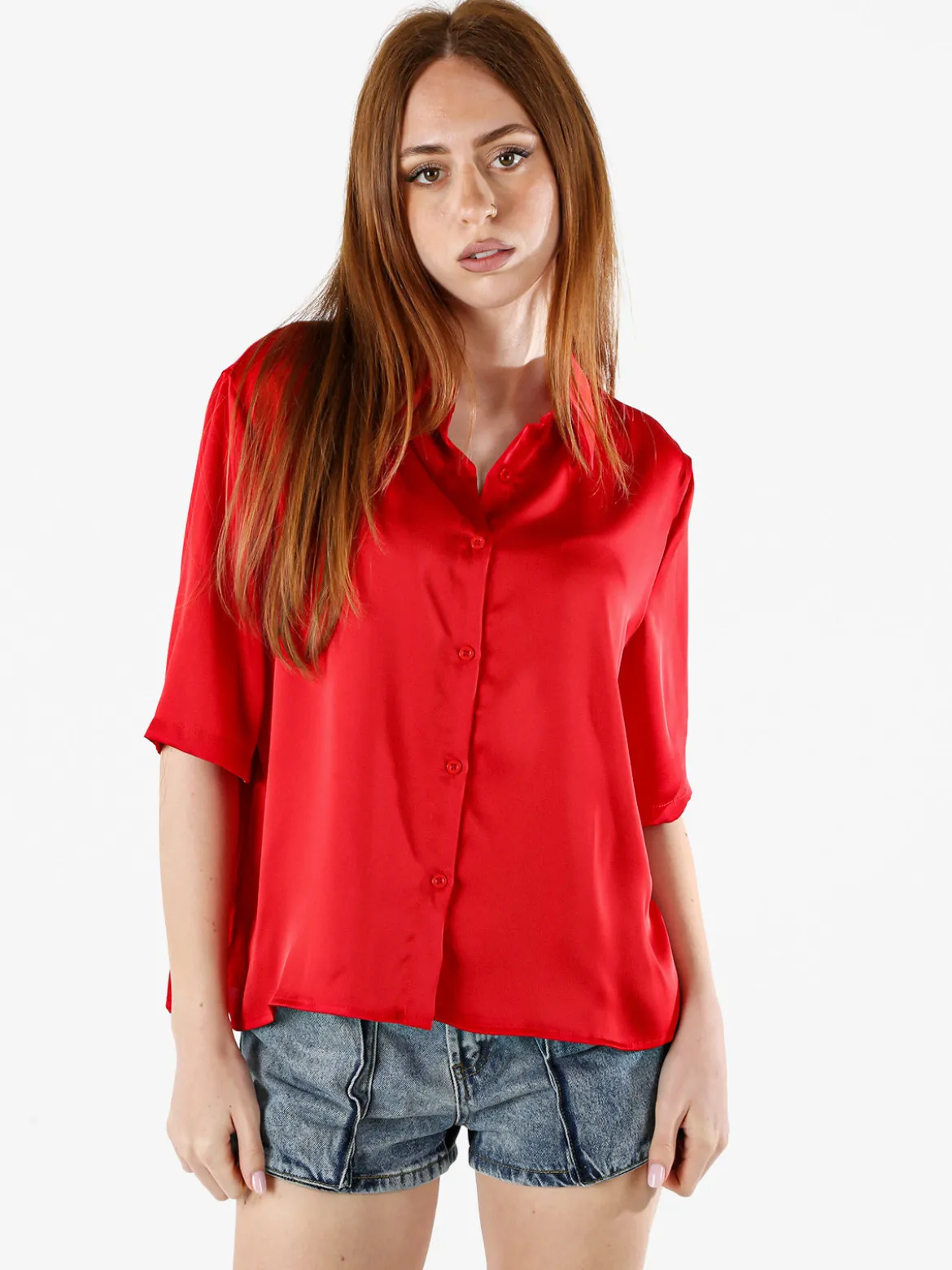 Solada Camicia donna a maniche corte effetto raso - rosso