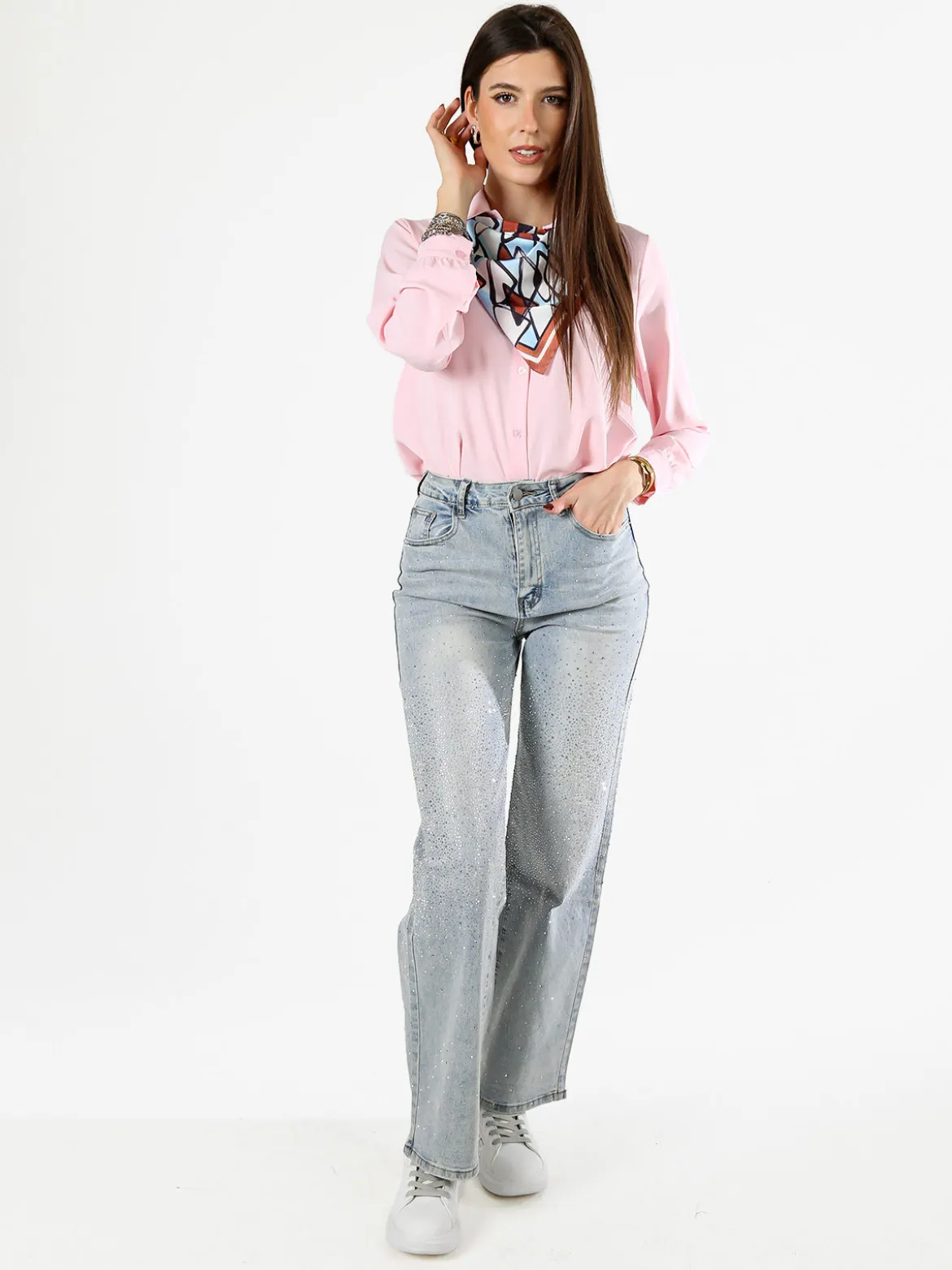 Solada Camicia donna a maniche lunghe con foulard colorato - rosa