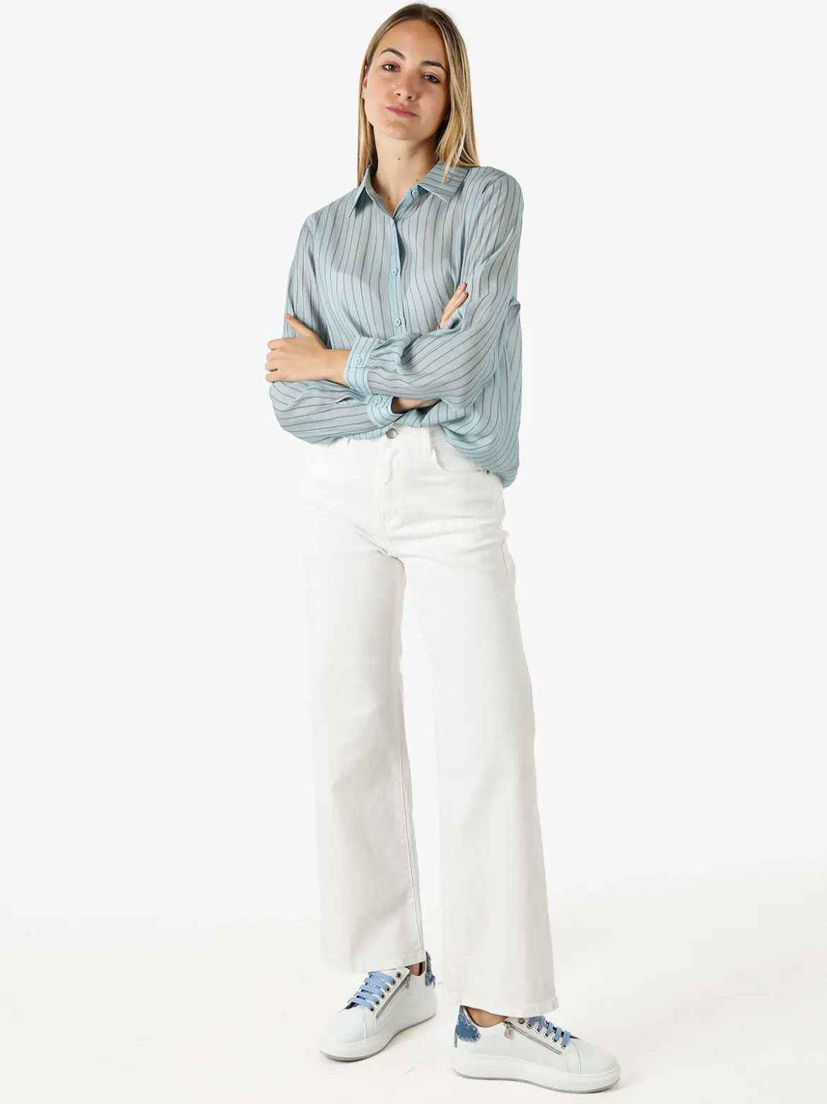 Solada Camicia donna a maniche lunghe con stampa a righe - acqua marina