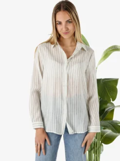 Solada Camicia donna a maniche lunghe con stampa a righe - panna