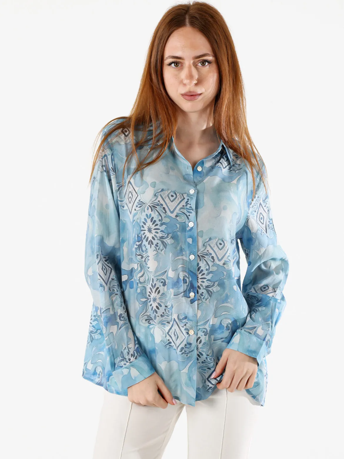 Solada Camicia donna a maniche lunghe con stampe - azzurro