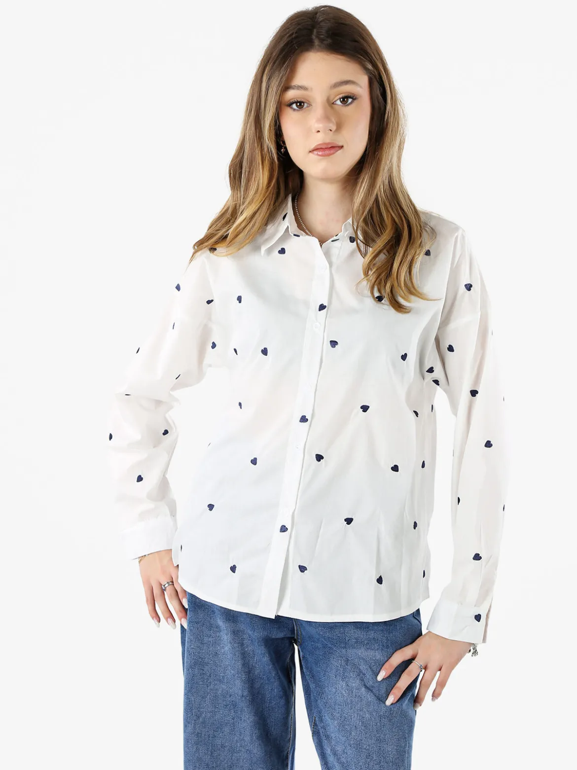 Solada Camicia donna a maniche lunghe in misto cotone con stampa cuori - bianco