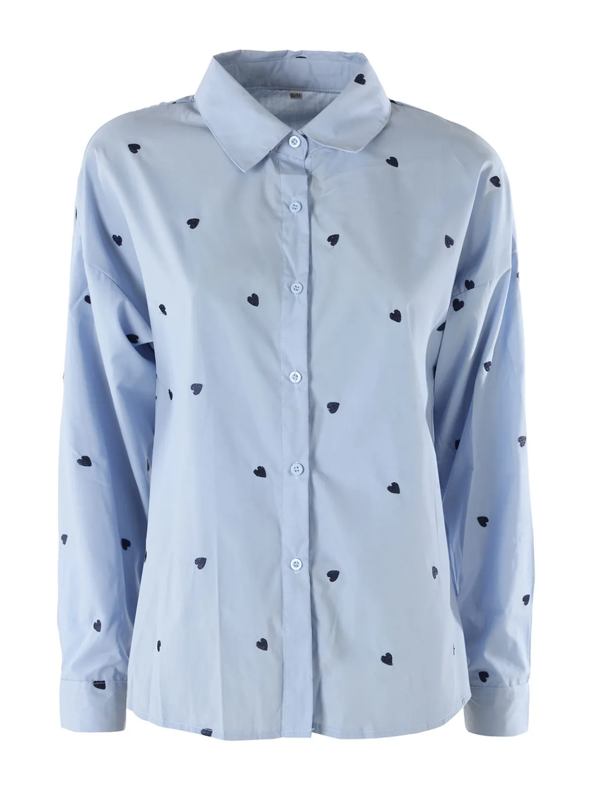 Solada Camicia donna a maniche lunghe in misto cotone con stampa cuori - azzurro