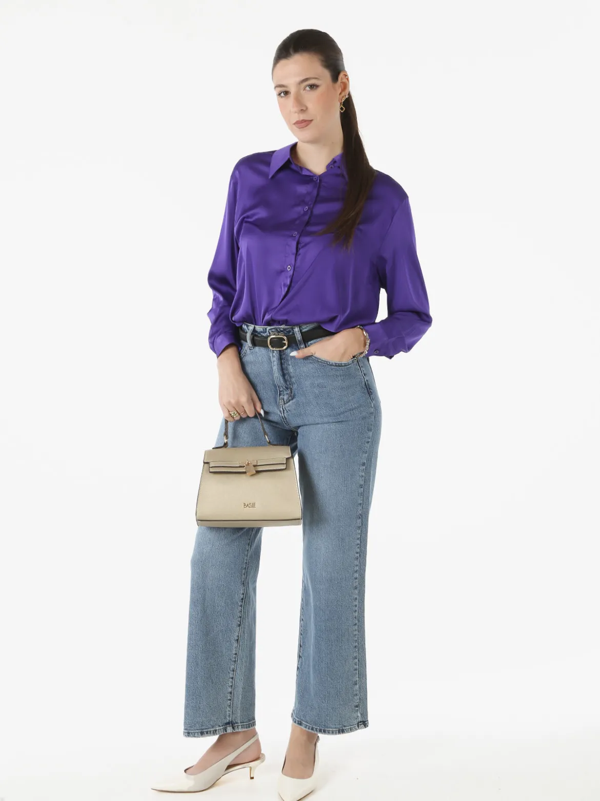 Solada Camicia donna a maniche lunghe in tessuto simil raso - viola