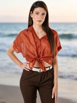 Solada Camicia donna annodata a maniche corte - cuoio
