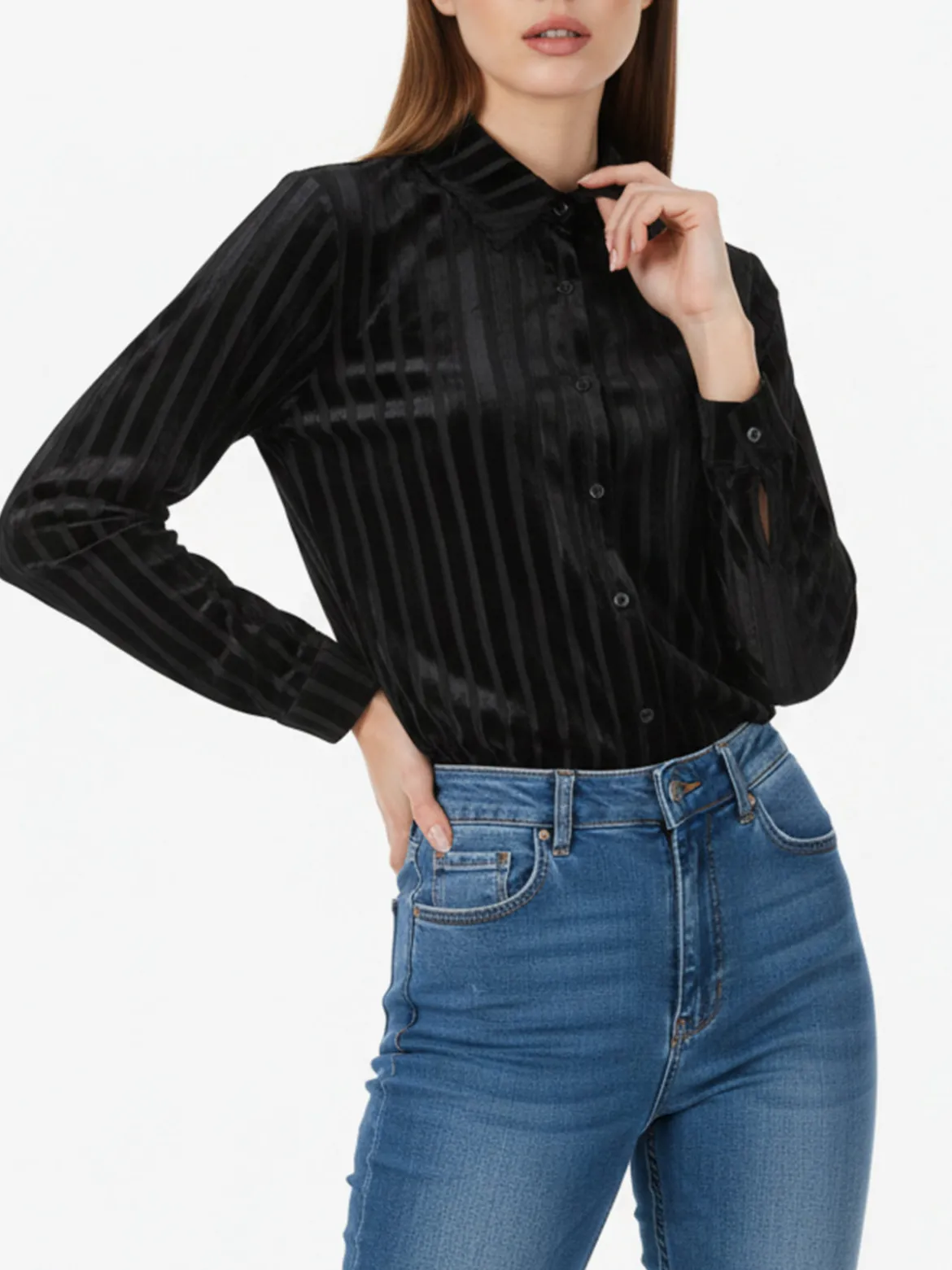 Solada Camicia donna con dettagli in ciniglia a maniche lunghe - nero