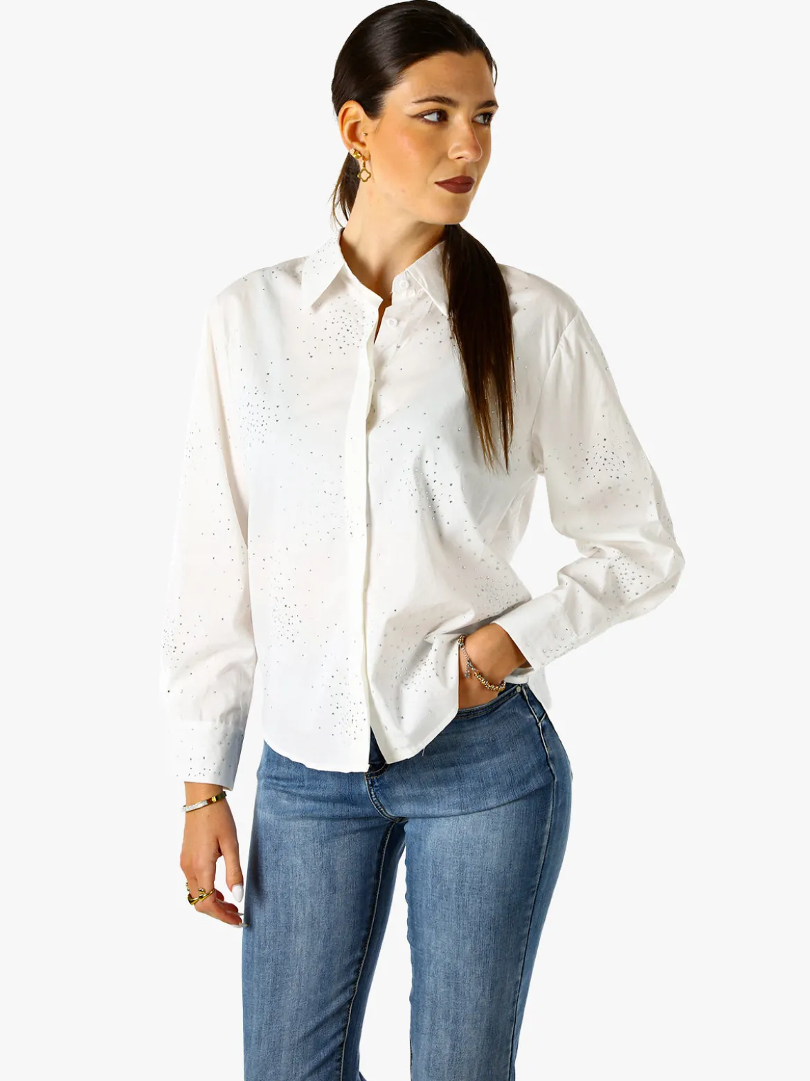 Solada Camicia donna in cotone a maniche lunghe con strass - bianco