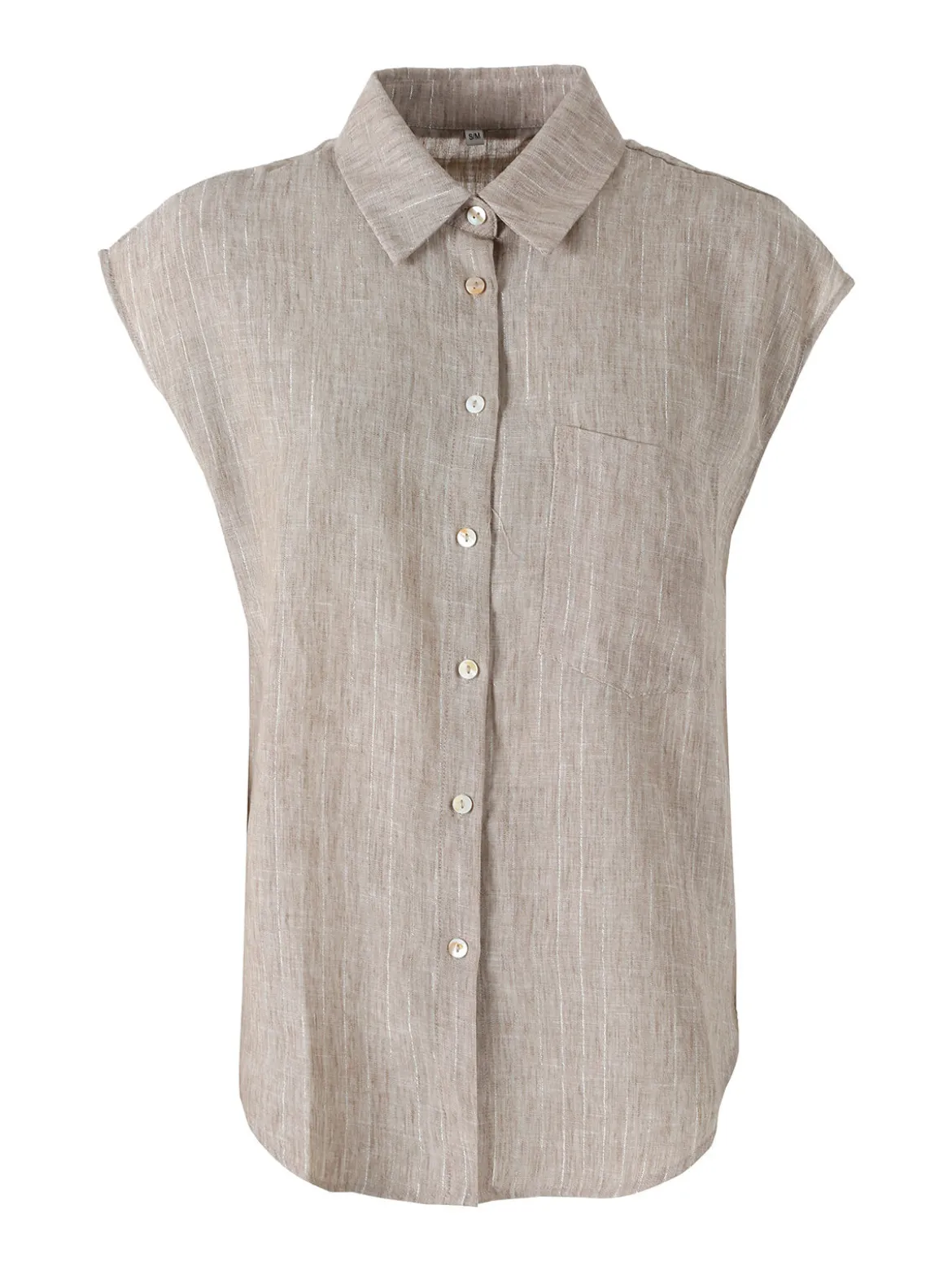 Solada Camicia donna in misto lino e cotone senza maniche a righe verticali - beige