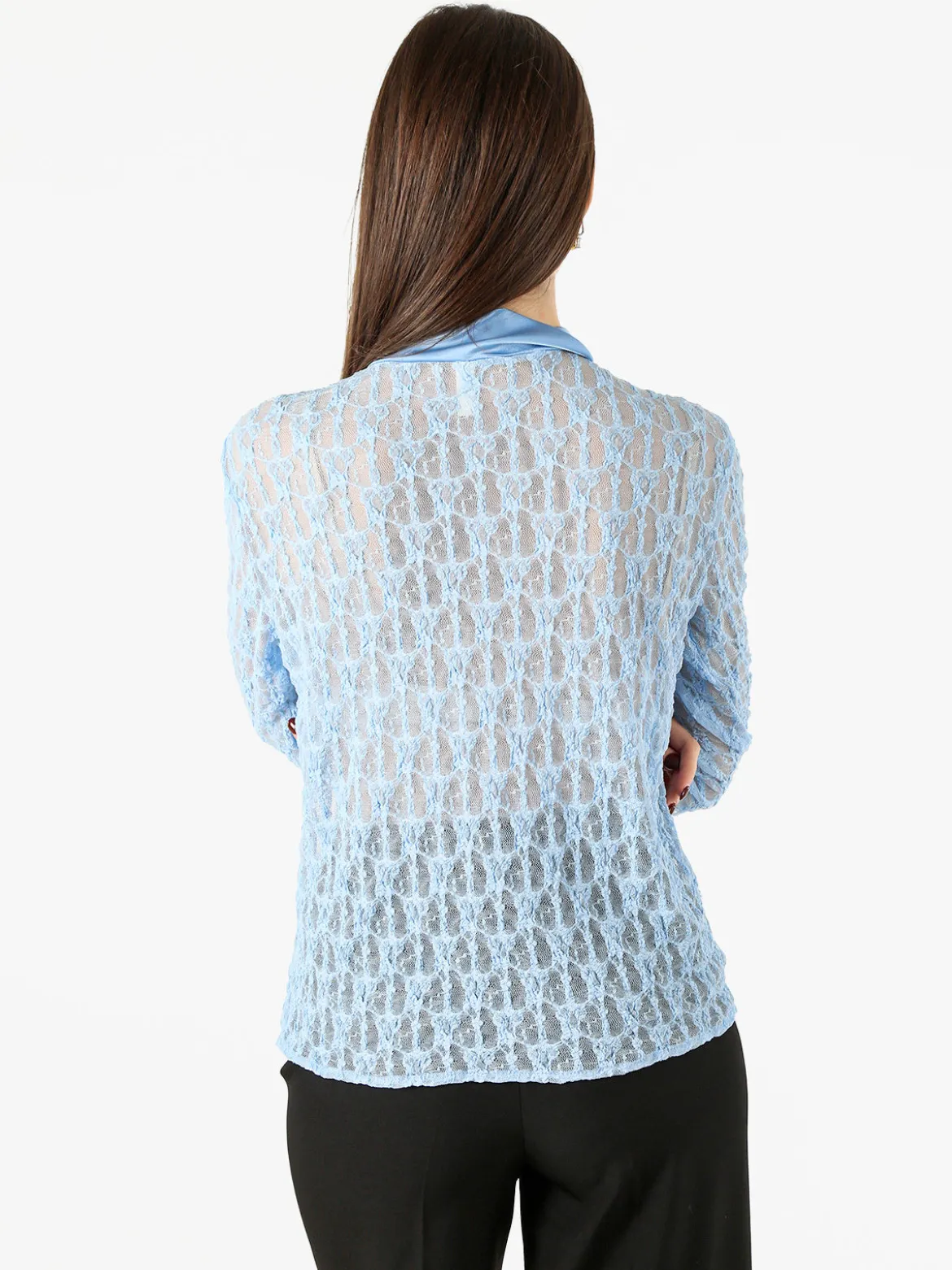 Solada Camicia donna in pizzo a maniche lunghe con dettagli effetto raso - azzurro
