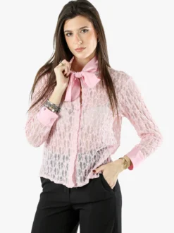Solada Camicia donna in pizzo a maniche lunghe con dettagli effetto raso - rosa