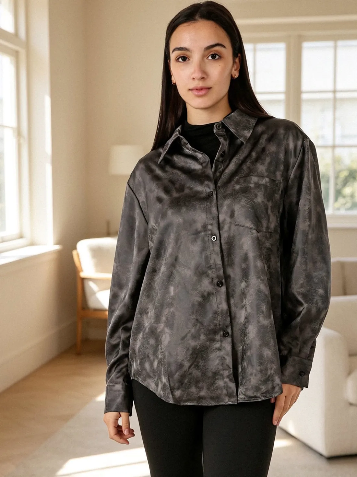 Solada Camicia donna oversize a maniche lunghe con taschino - grigio scuro