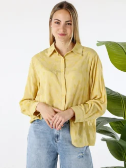 Solada Camicia donna oversize a maniche lunghe in misto cotone - giallo